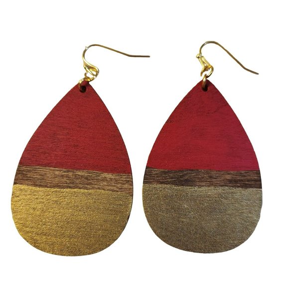 Earrings red gold teardrop wood - Picture 3 of 5